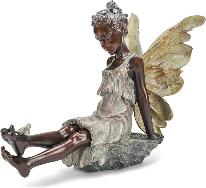Fairy with Bird Bronze Tone 12.5 x 18 Inch Resin Stone Outdoor Garden Statue by GreenHaven Gardens