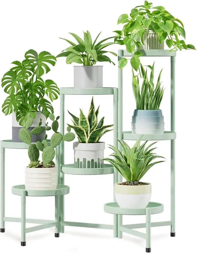iDavosic.ly 7 Tier Large Plant Stand Indoor, 10 Inch Wide Tall Corner Metal Plant Stands Outdoor for Multiple Plants, Folding Tiered Flower Display Holder Rack Shelf, Light Green by GreenHaven Gardens