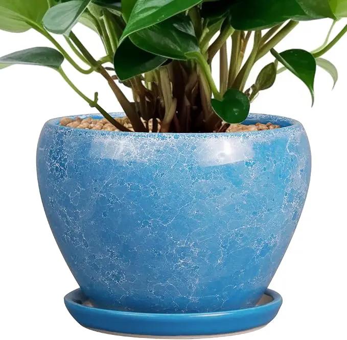 6 Inch Plant Pot - Ceramic Planter Pot with Drainage Hole and Saucer, Glaze Succulent Pot Modern Round Flower Pot for Indoor Plants, Blue by GreenHaven Gardens