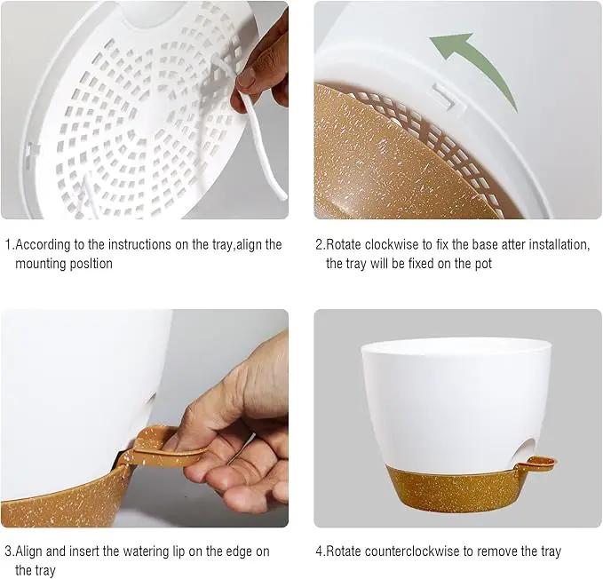 Large Self Watering Pots, 12/10/9 Plastic Planters with High Drainage Holes and Deep Reservoir for Indoor Outdoor Garden Plants and Flowers, White with Brown by GreenHaven Gardens