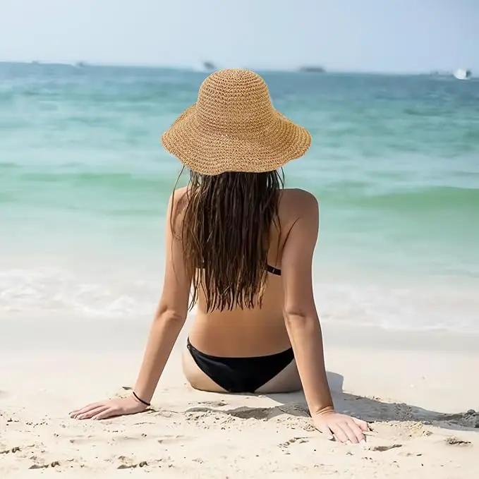 Floppy Big Beach Straw Hats for Women Foldable Summer Wide Brim Packable Sun Hat Womens Travel Straw Fedora Hat