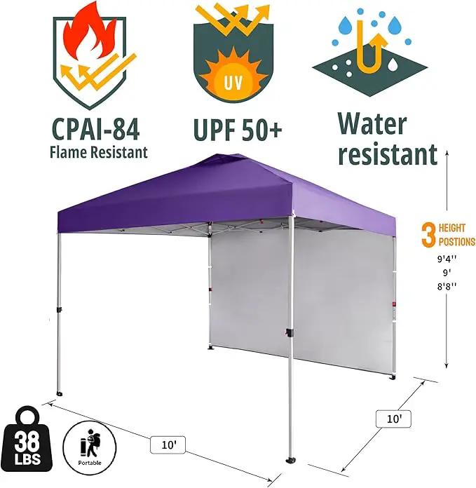 CROWN SHADES 10x10 Pop Up Canopy with 1 Side Wall - Beach Tent with One Push Setup - Outdoor Sun Shade for Events, Parties, Camping - Gazebo with STO-N-Go Cover Bag (Purple) by GreenHaven Gardens
