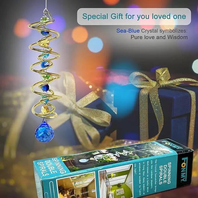 FONMY Gazing Ball Spiral Tail -Decorative Wind Spinner Sun Catcher Rainbow Maker Golden Double-Spiral W/Sea Blue Crystal Ball and Chain Crystals Beads for Indoor Outdoor Garden Decoration -14 inch H by GreenHaven Gardens