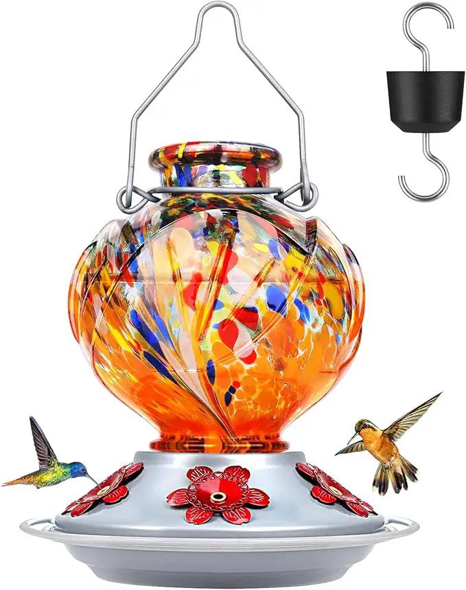 BOLITE Hummingbird Feeder, Hand Blown Glass Hummingbird Feeders for Outdoors Hanging, with Ant Moat and 5 Feeding Ports, 22 Ounces, Peony Flower Shape, Orange, Gifts for Women Men, Gifts for Mom Dad by GreenHaven Gardens