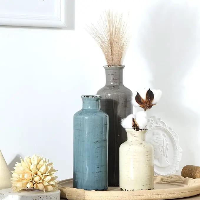 CUCUMI Ceramic Flower Vases Set of 3, Rustic Coastal Home Decor for Farmhouse Shelves, Ocean Beach Style, Mantle, Fireplace, Coffee Table, Shelf for Living Room by GreenHaven Gardens