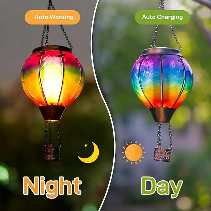 Solar Hot Air Balloon Lantern with Flame, Hanging Glass Hot Air Balloon Solar Lantern Waterproof, Decorative Outdoor Hot Air Balloon Solar Light for Outside Garden Patio (Purple Gradient) by GreenHaven Gardens
