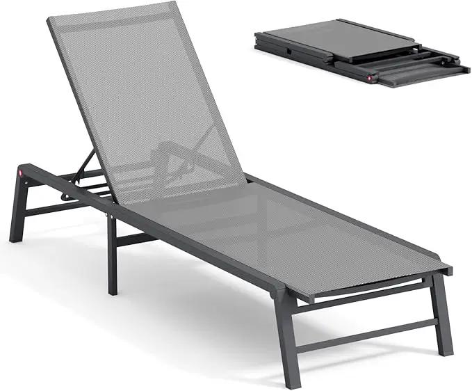 Aluminum Chaise Lounge Chair Outdoor, Foldable Patio Lounge Chair Assemble-Free, Pool Lounge Chairs with 5 Adjustable Backrest, Outdoor Lounge Chairs for Outside Poolside Beach Lawn Grey by GreenHaven Gardens