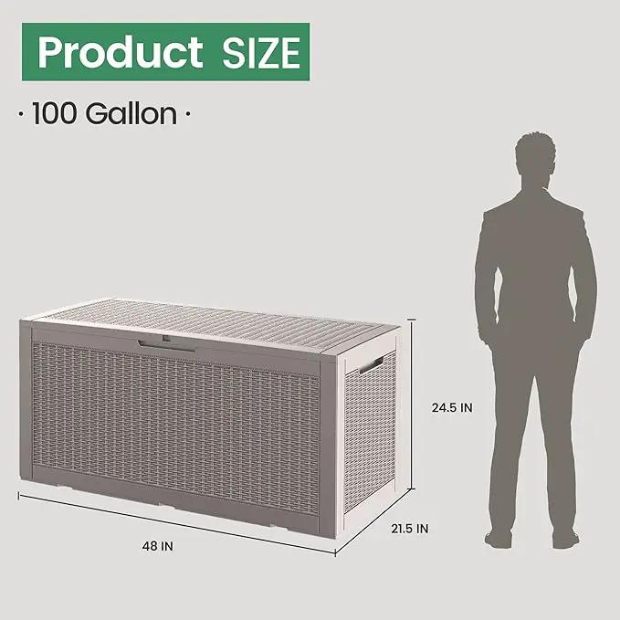 100 Gallon Storage Box, Waterproof Resin Deck Box with Hydraulic Piston Design, Lockable Storage Bench for Package Delivery, Storage Bin for Patio Cushions, Garden Tools, Grey by GreenHaven Gardens