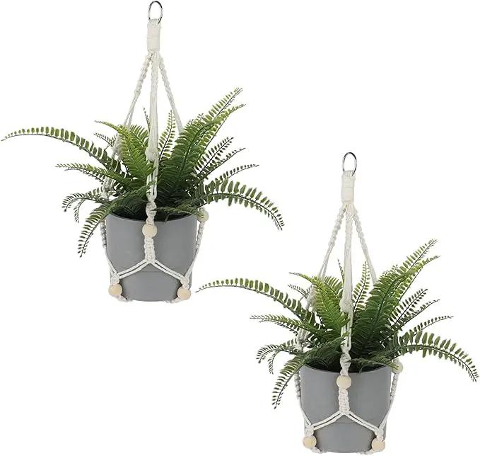 Macrame Plant Hanger Indoor, 2 Pack Boho Decor Hanging Plant Holder Hanging Planters for Indoor Plants Window Plant Hanger Flower Pot Hanging Basket with Wood Beads and Metal Hook Rings Ivory 20 Inch by GreenHaven Gardens