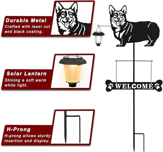 BAYN Solar Corgi Silhouette Dog Breed Welcome Sign with a Lantern Outdoor Decorative Garden Stakes for Yard, Lawn, Patio, Pathway by GreenHaven Gardens