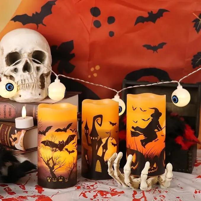 Halloween Real Wax LED Flameless Flickering Candles with 6H Timer, 3 Pcs Pillar Battery Operated Candle Sticks with Halloween Decal for Home Decor(3”x6”) by GreenHaven Gardens