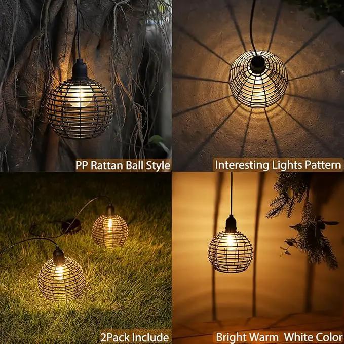 Hanging Solar Lantern Lights Waterproof, Outdoor Chandelier with G50 Warm White LED Bulbs, Black Rattan Globe Shades, Solar Decorative Lights for Patio Tree Pergola Gazebo Porch Garden-2Pack by GreenHaven Gardens