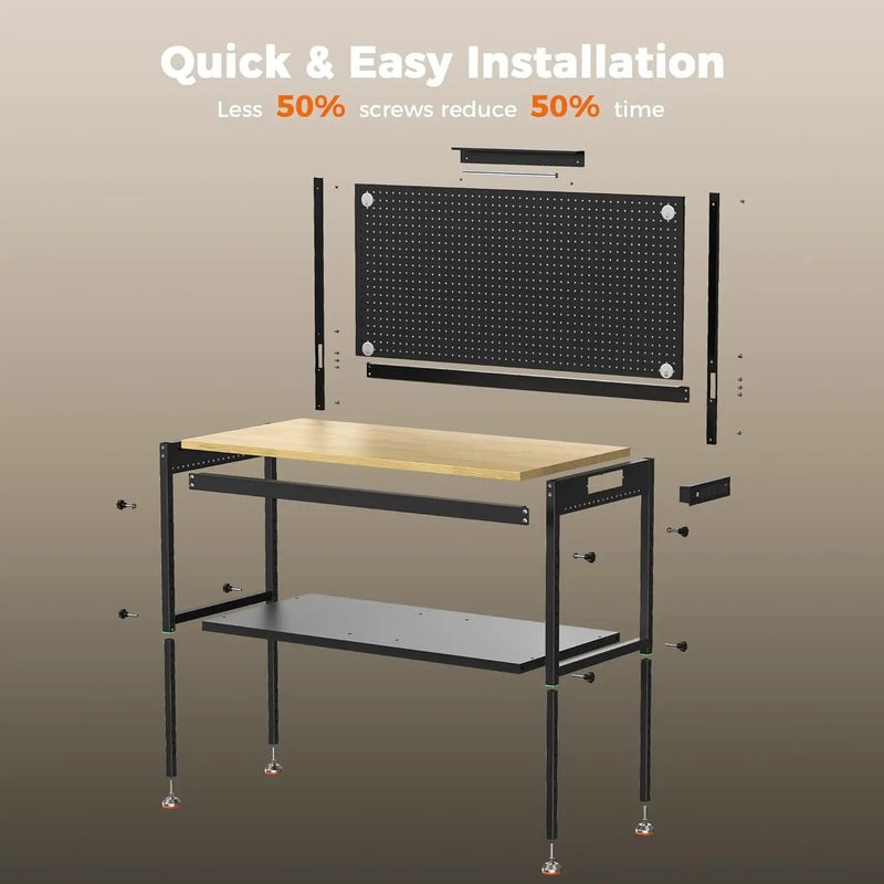 48" Heavy Duty Work Bench Adjustable Height Max Load 2000 LBS with Storage Shelf for Garage Workbench, Rubberwood Tabletop with Pegboard, LED Light, Built-in Power Strip for Woodworking Shop by GreenHaven Gardens