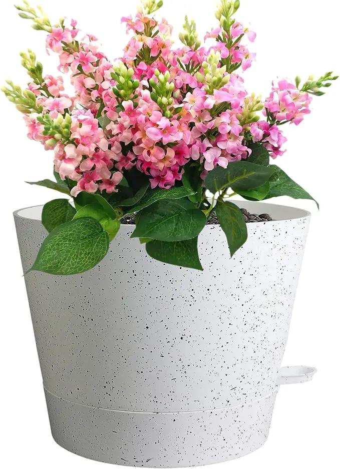 12 inch Large Self Watering Pots, Plant Pots with Mesh Drainage Holes for Indoor Outdoor Plants, Plastic Planters with Deep Reservoir for Garden House Flower Plants, Speckled White by GreenHaven Gardens