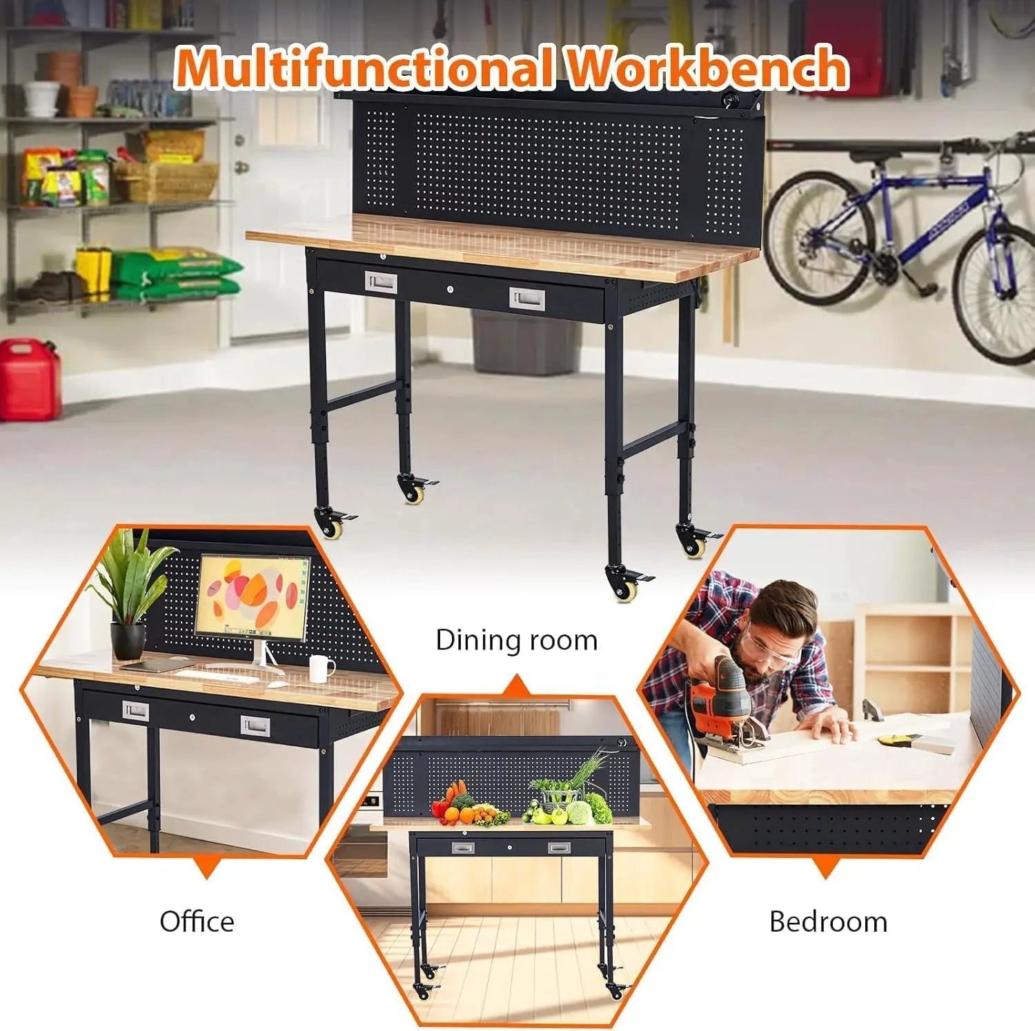 60-Inch Garage Workbench with Wheels, Adjustable Rubber Wood Top Garage Workbench with Pegboard & Drawer & Power Outlet, 2000 lbs Load Capacity, for Workshop, Woodworking, Office by GreenHaven Gardens