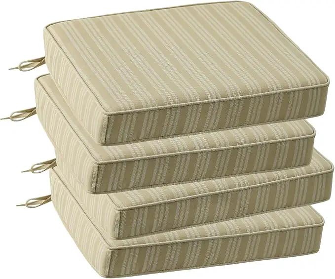 Outdoor Square Corner Seat Cushion, 18.5"x16"x3", Set of 4, Non Slip Seat Cushion Pads with Removable Cover for Patio Furniture, Garden Yard Lawn, Beige Brown Stripe by GreenHaven Gardens