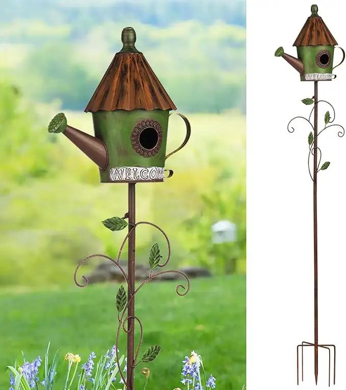 BAYN 57” Bird Houses Stake for Outside, Metal Watering Can Birdhouse Garden Stake Wild Bird Feeder Pole with Welcome Sign Outdoor Decorations for Patio, Backyard, Garden by GreenHaven Gardens