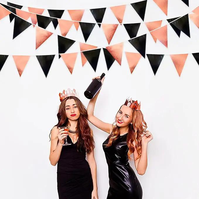 Black Rose Gold Party Decorations Triangle Pennant Banner Flag Rose Gold Black Metallic Fabric Bunting Garland for Graduation Birthday Wedding Engagement Bachelorette Celebration Hen Party Supplies by GreenHaven Gardens