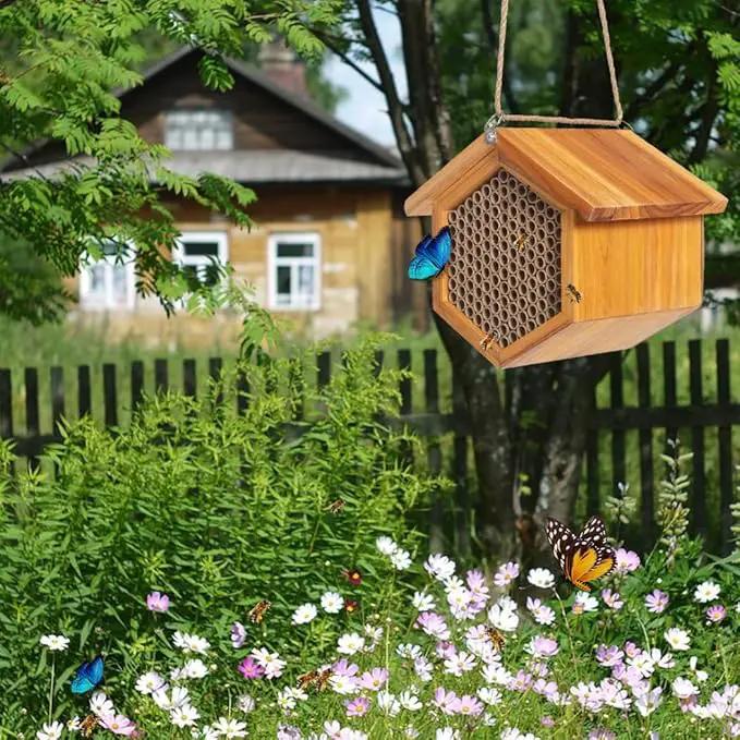 Mason Bee House Wax Coated Bee Hotel, Pollinator House Waterproof, Natural Handmade Wooden Mason Bee Hotel for Pollinating Bees Garden Supplies by GreenHaven Gardens