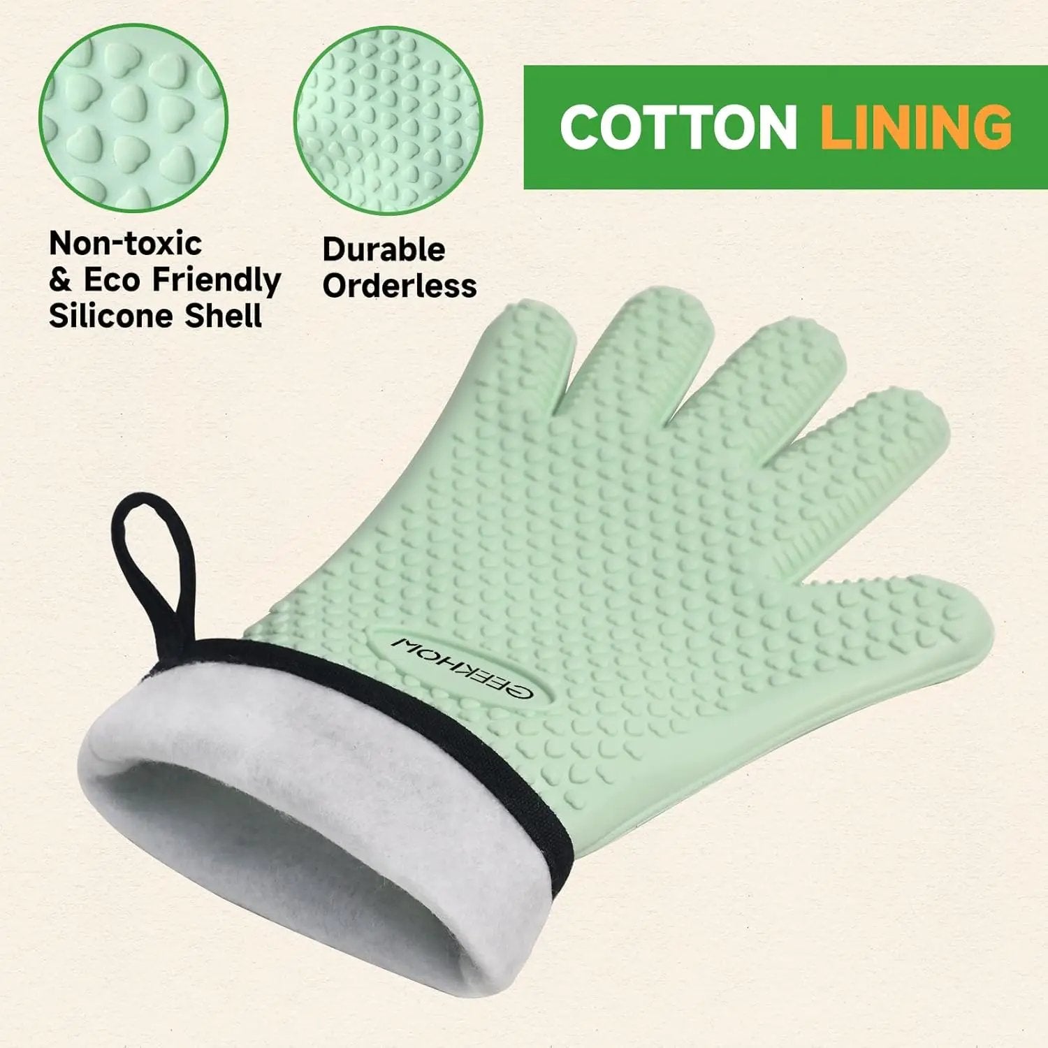 GEEKHOM BBQ Gloves Heat Resistant Oven Mitts - Silicone Grilling Gloves with 14" Long Arm Protection - Waterproof Pot Holder Non-Slip for Men & Women, Kitchen Cooking, Baking, Camping, Mint Green by GreenHaven Gardens