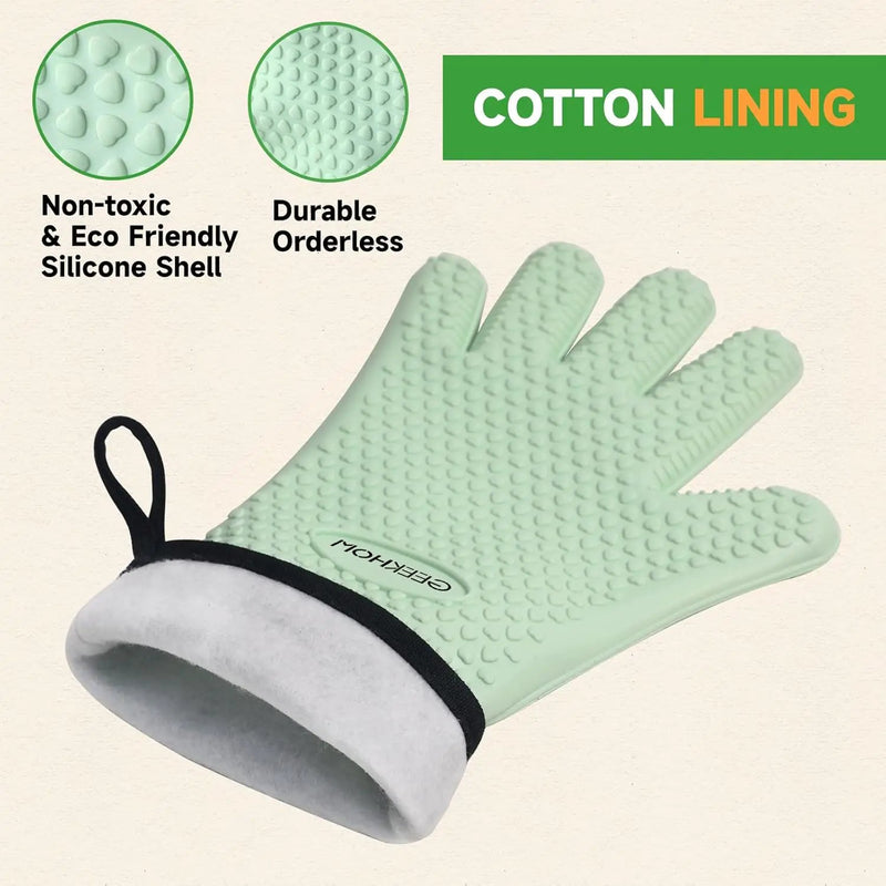 GEEKHOM BBQ Gloves Heat Resistant Oven Mitts - Silicone Grilling Gloves with 14" Long Arm Protection - Waterproof Pot Holder Non-Slip for Men & Women, Kitchen Cooking, Baking, Camping, Mint Green by GreenHaven Gardens