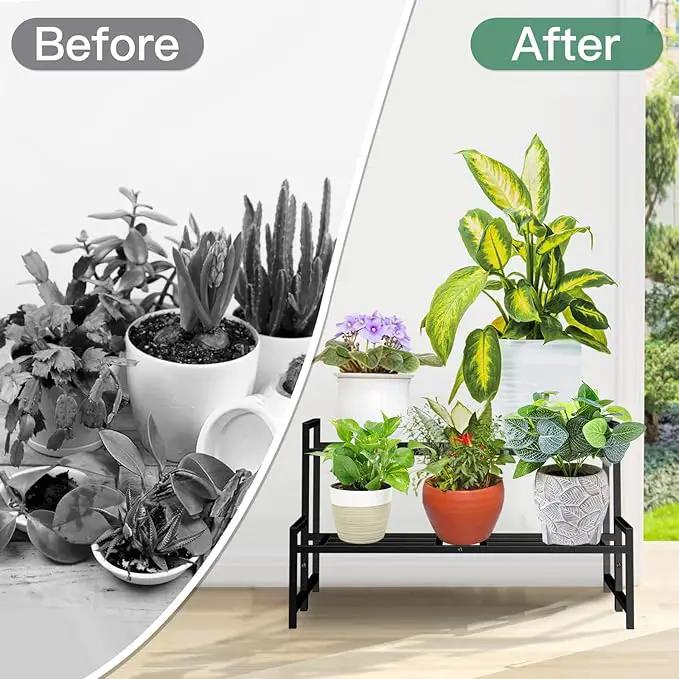 Plant Stand Indoor Outdoor, 2-Tier Wrought Iron Plant Stands, Stackable Metal Plant Shelf Decorative Outdoor Flower Stand Heavy Duty Pedestal Stands for Garden Deck Living Room, Black by GreenHaven Gardens
