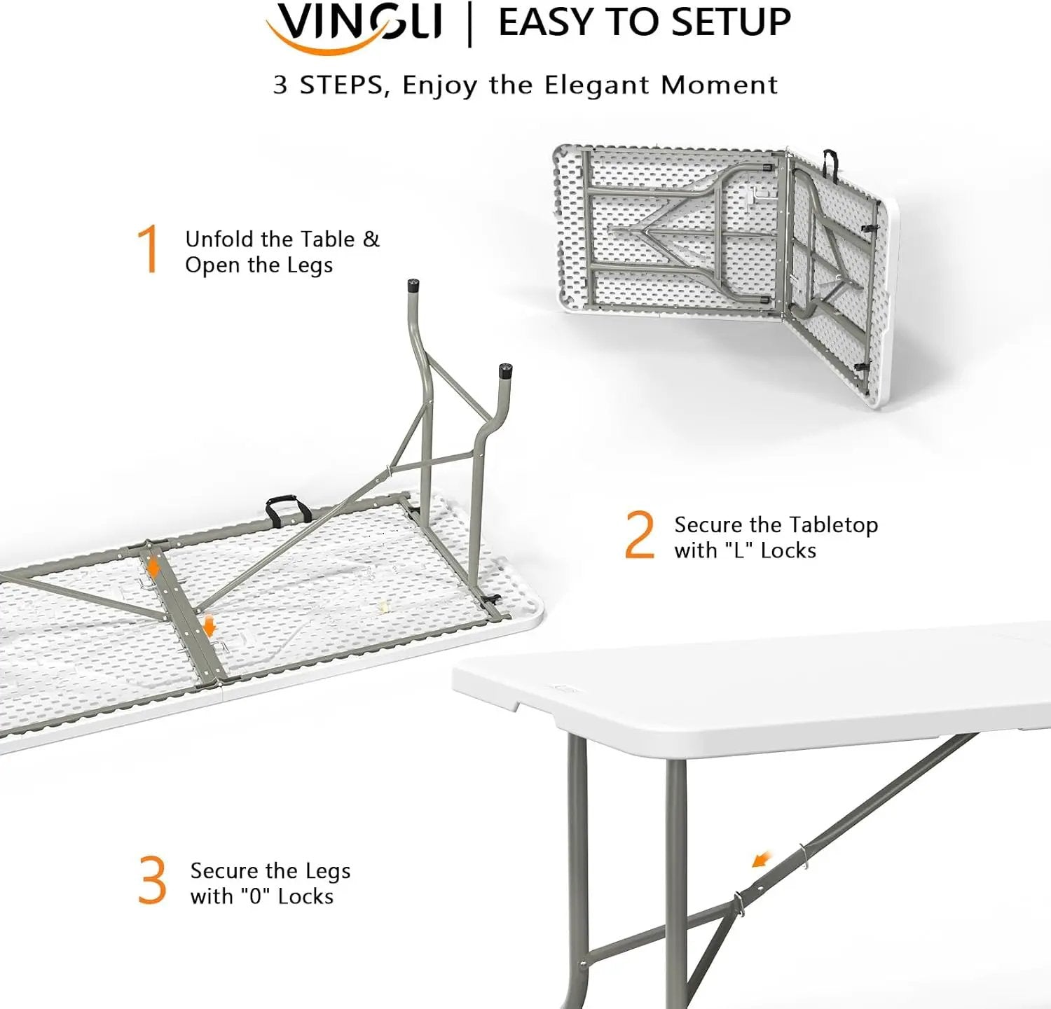VINGLI 6 Foot Plastic Folding Table Portable Long Table for Indoor Outdoor Use Rectangular with Carrying Handle, Smooth HDPE Tabletop, White by GreenHaven Gardens