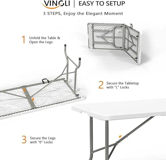 VINGLI 8 Foot Plastic Folding Table Portable Long Table for Indoor Outdoor Use Rectangular with Carrying Handle，White by GreenHaven Gardens