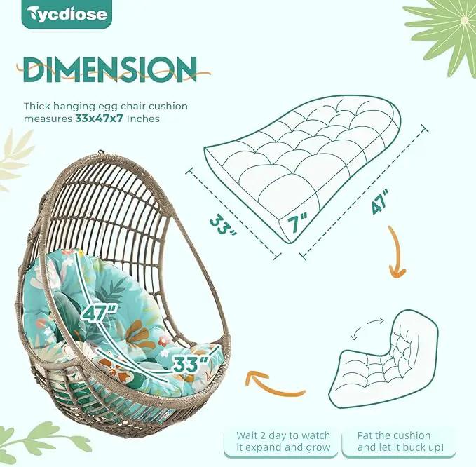 Egg Chair Cushion Replacement, Waterproof Outdoor Hanging Egg Swing Chair Cushions Pads, U-Shaped Thickened Cushions for Hanging Eggs Chair with Ties, 47x33x7 Inches (Cyan Floral Leaf) by GreenHaven Gardens
