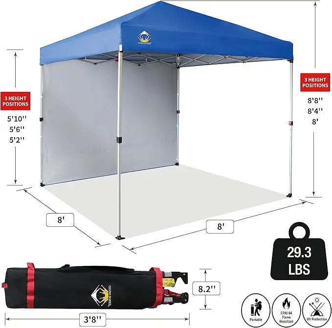 CROWN SHADES 8x8 Pop Up Canopy with 1 Side Wall - Beach Tent with One Push Setup - Outdoor Sun Shade for Events, Parties, Camping - Gazebo with STO-N-Go Cover Bag (Blue) by GreenHaven Gardens
