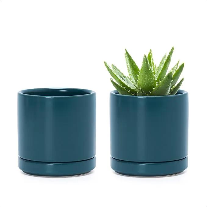 D'vine Dev Set of 2 Plants Pots, 3.5 Inch Ceramic Planter Pot for Plants with Drainage Hole and Saucer, Teal, 94-V-A-9 by GreenHaven Gardens