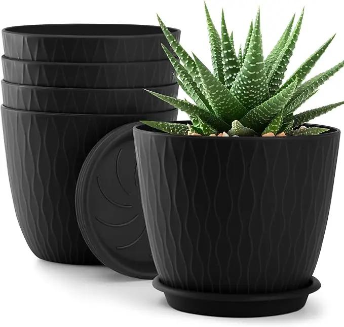 Plant Pots – 6 Inch Planters with Drainage Holes and Saucers, Flower Pots for Indoor and Outdoor Plants, Nursery Planting Pots (Pack of 5, Black) by GreenHaven Gardens