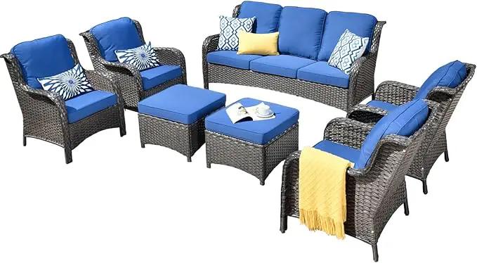ovios 7 Pieces Patio Furniture Set, Outdoor Wicker Sofas with 4 Chairs, Ottomans and Comfy Cushions, All Weather High Back Couch Set for Deck Porch, Brown Rattan, Navy Blue by GreenHaven Gardens