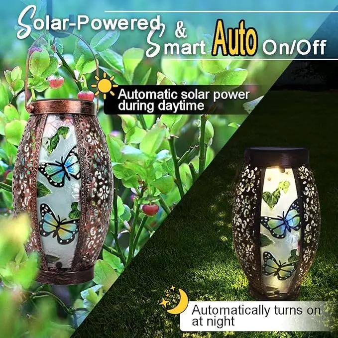 Butterfly Solar Lanterns Glass & Metal Hanging Lantern Outdoor Waterproof 16" H Tabletop Light with Hollowed-Out Design for Garden Patio Table Decor Mother's Day Gift by GreenHaven Gardens