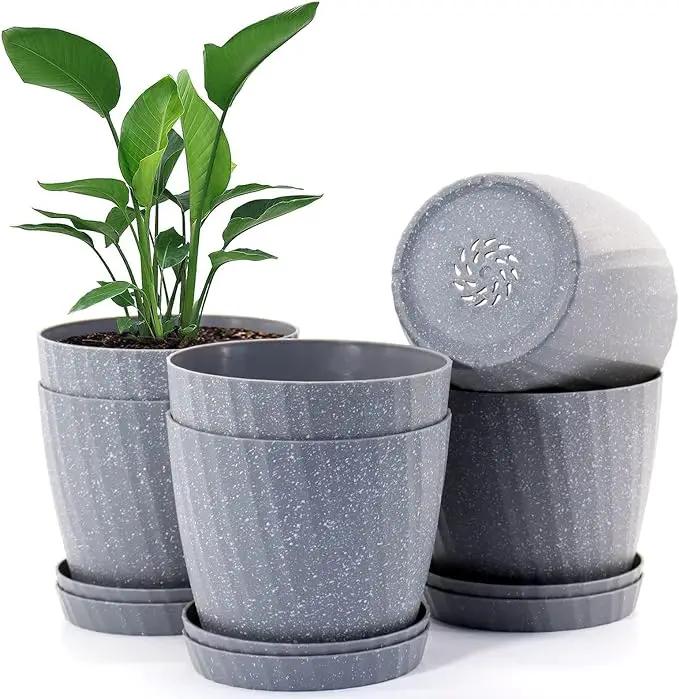 7 Inch Plant Pots Bulk, 6 Pack Plastic Planters with Drainage Holes and Saucers for Indoor Outdoor House Plants and Flowers, Grey by GreenHaven Gardens