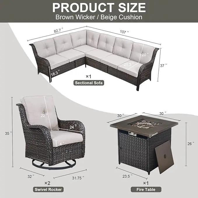 Outdoor Sectional Sofa Furniture Set with Propane Fire Pit Table, Wicker Patio Conversation Set with 2 Swivel Glider Rocker Chairs Beige Cushion Perfect for Backyard Casual Gathering by GreenHaven Gardens