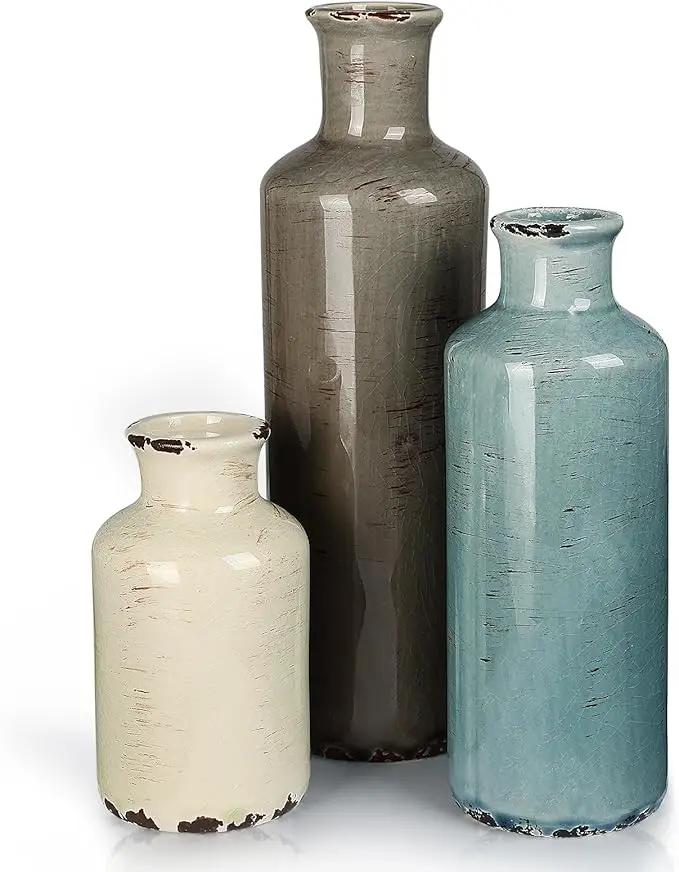 CUCUMI Ceramic Flower Vases Set of 3, Rustic Coastal Home Decor for Farmhouse Shelves, Ocean Beach Style, Mantle, Fireplace, Coffee Table, Shelf for Living Room by GreenHaven Gardens