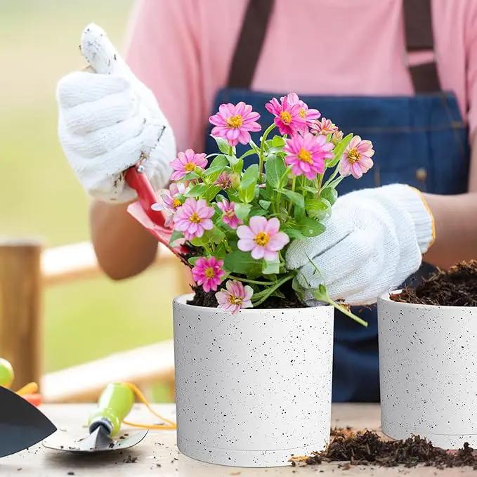 12/10/8 inch Large Plant Pots, 3 Pack Cylinder Deep Flower Pots for Outdoor Indoor Plants, Tall Plastic Planters with Drainage Holes and Saucers for Garden House Plants, Speckled White by GreenHaven Gardens