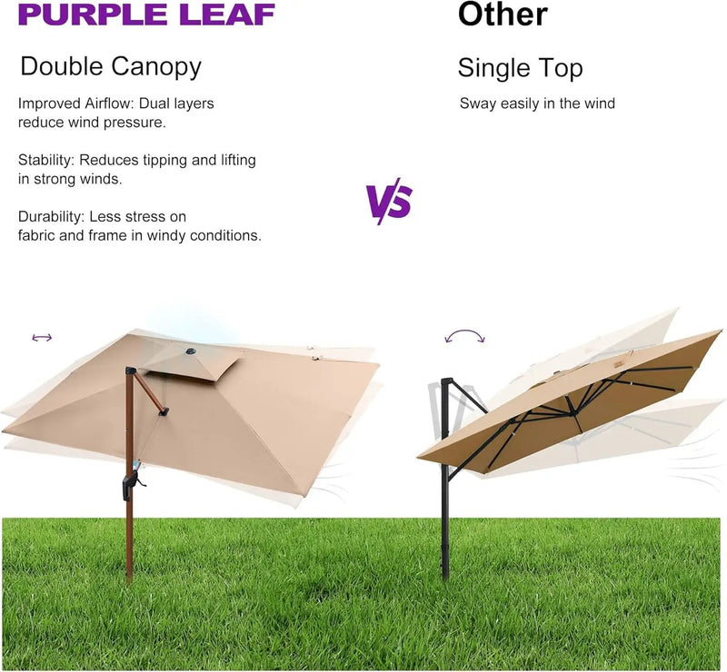 PURPLE LEAF 11' X 11' Patio Umbrella Cantilever Outdoor Umbrellas Square Large Parasol Windproof Sunshade Heavy Duty Sun Umbrellas for Deck Pool Patio Garden, Beige by GreenHaven Gardens