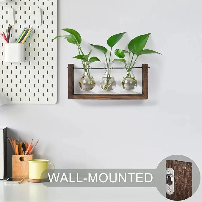 YIBOT Wall Hanging Planter Propagation Station, Plant Terrarium with Wooden Stand, Hydroponics Plants Home Office Living Room Decor Gift-3 Bulb Glass Vases by GreenHaven Gardens