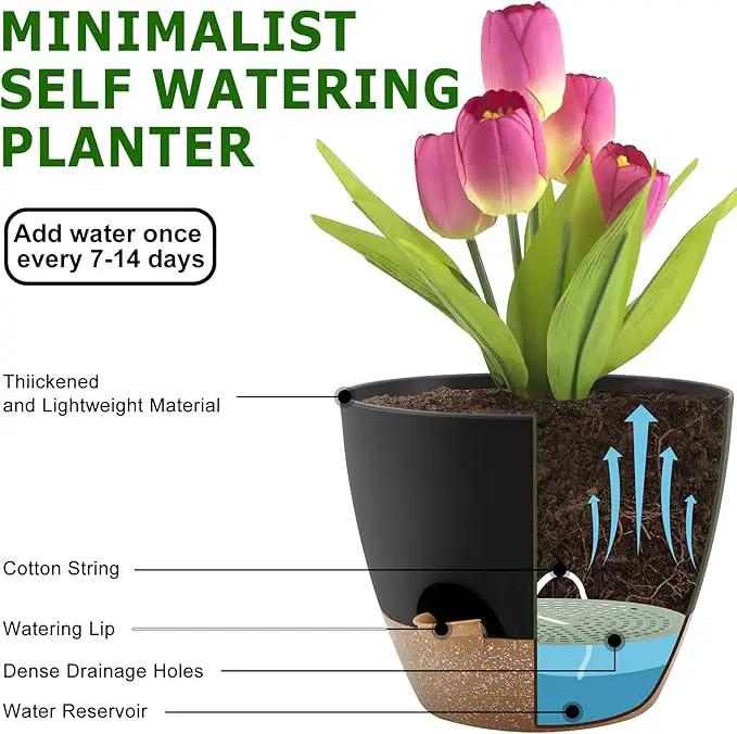 Plant Pots 12/10/9 Inch Self Watering Pots, Set of 3 Plastic Planters with Drainage Holes and Saucers,Plastic Flower Pots,Nursery Planting Pot for Indoor Out Door Plants(Black) by GreenHaven Gardens