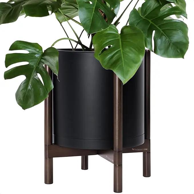 D'vine Dev Planter Pot with Stand - 14 Inch Plastic Cylinder Flower Pot with Wood Planter Holder for Indoor, Matte Black Pot + Walnut Color Stand, 55-C-R-2 by GreenHaven Gardens
