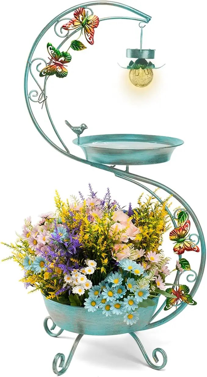 Bird Bath for Outside with Solar Lamp, 36" Birdbaths for Outdoors with Planter Flower Pot, Metal Bird Bath Bowl for Garden Yard Decor (All Blue Green) by GreenHaven Gardens