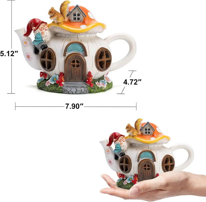 Mushroom Fairy House Garden Decor Solar Light – Outdoor Gnome Statue with Squirrel, Resin Teapot Decorative Figurine for Patio, Lawn, Yard & Balcony, for Women, Mom, and Home by GreenHaven Gardens