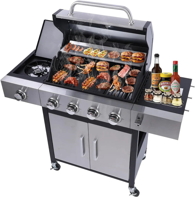 CIG GARDEN 4 Burner Propane Gas Grill with Side Burner,3 in 1 Propane Gas BBQ Grill,Double-layer Stainless Steel BBQ Grill Lid with Cast Iron Grates,52000 BTU Output for Camping, Patio, Backyard by GreenHaven Gardens