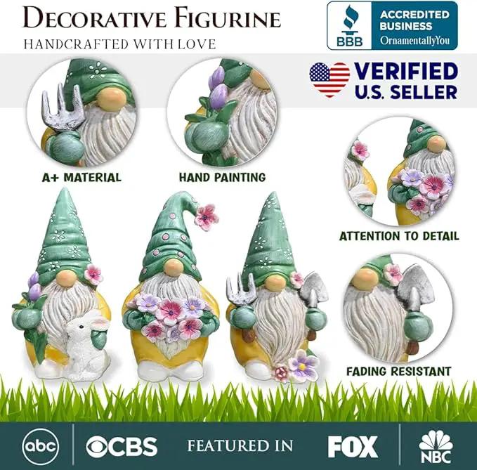 Garden Guardians Set of Three 6" Gardening Gnome Figurines, Floral Green and Yellow Statue Decor by GreenHaven Gardens