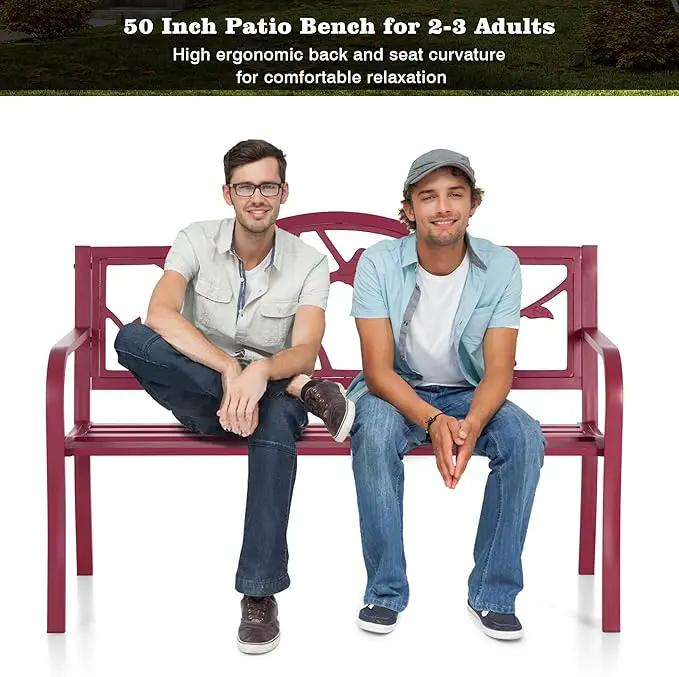 PHI VILLA Outdoor Patio 50" Metal Park Bench Red, Steel Frame Bench with Backrest and Armrests for Porch, Patio, Garden, Lawn, Balcony, Red Bird by GreenHaven Gardens