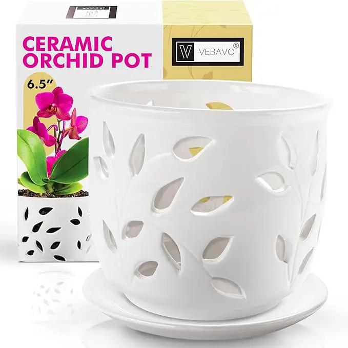 Orchid Pot with Holes & Saucer Ceramic 6.5 in. Indoor or Outdoor Large Pot for Orchid Care & Root Health with Precise Aeration & Drainage – Durable for Repotting or New Plants by GreenHaven Gardens