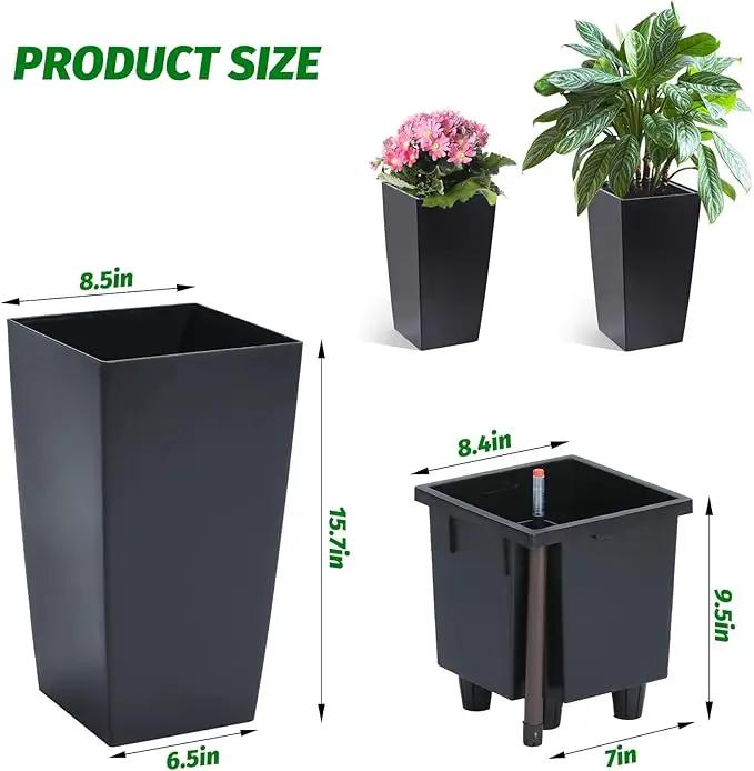 16" Tall Planters Set of 2, Outdoor＆Indoor Black Planter Pots, High Front Porch Planter Pots with Drainage Holes＆Water Level Monitor＆Inner Bucket, Automatic Watering,Black by GreenHaven Gardens