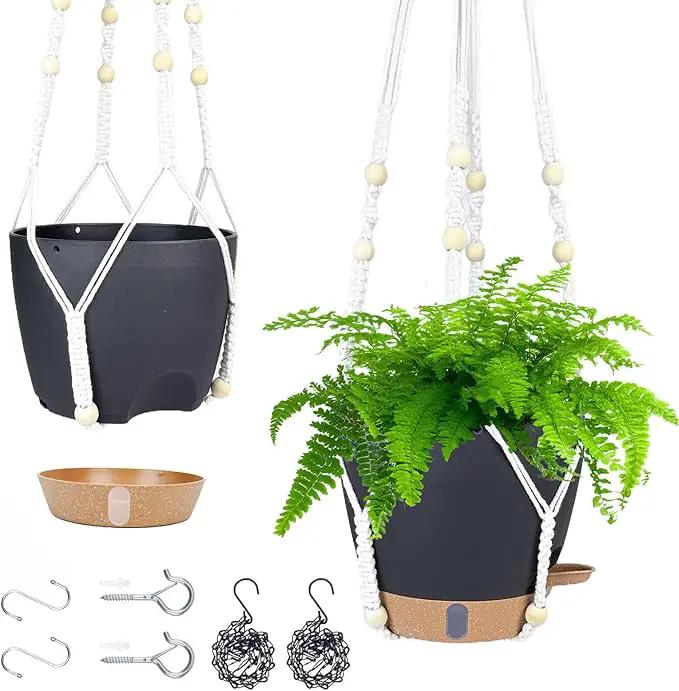 Hanging Planter Self Watering 8 Inch, 2 Pack Hanging Baskets for Plants, Hanging Flower Pots with Drainage Hole & 2 Kinds of Plant Hangers for Garden Home Decor (Black, 8 inch) by GreenHaven Gardens